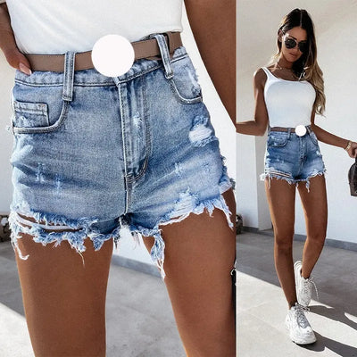 Ladies High Waist Ripped Washed Tassel Sexy Slim Fit Slimming Denim Shorts Looty Lush