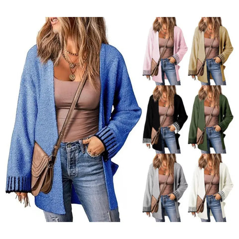 Long Sleeve Color Stitching Knitted Cardigan Pocket Women's Clothing Looty Lush