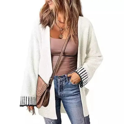 Long Sleeve Color Stitching Knitted Cardigan Pocket Women's Clothing Looty Lush