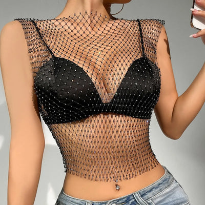 Front view of the Net Drill Rhinestone Women's Short Sleeve Vest