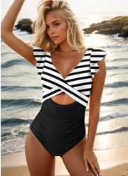 New Covering Belly Thin One-piece Cross Cut-out Ruffled Foreign Trade Swimsuit Looty Lush