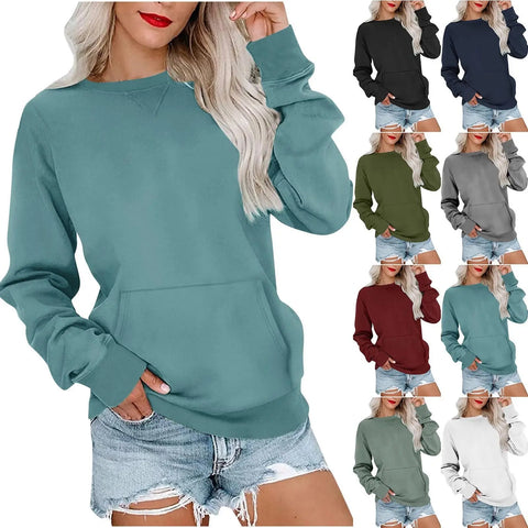 Solid Color Pullover Sweatshirt With Pocket Fashion Loose Round Neck Long Sleeves Top Womens Clothing Looty Lush