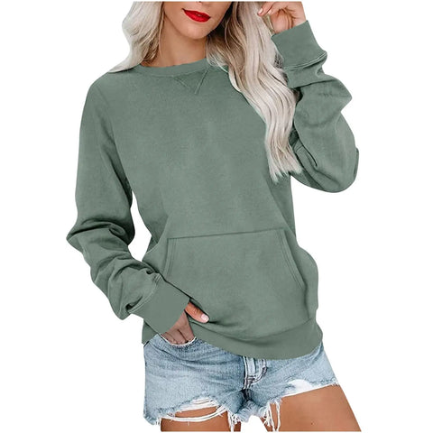 Solid Color Pullover Sweatshirt With Pocket Fashion Loose Round Neck Long Sleeves Top Womens Clothing Looty Lush