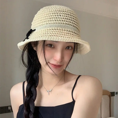 Summer Outing Hollow Out Bow Straw Hat Women's Japanese Style Looty Lush