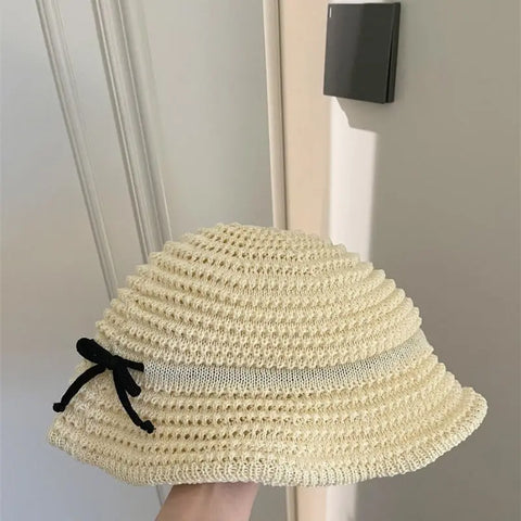 Summer Outing Hollow Out Bow Straw Hat Women's Japanese Style Looty Lush