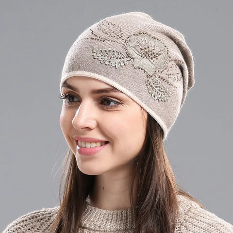 Winter Hat Sleeve Cap Thick Wool Women's Warm With Diamond Looty Lush