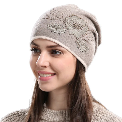 Winter Hat Sleeve Cap Thick Wool Women's Warm With Diamond Looty Lush