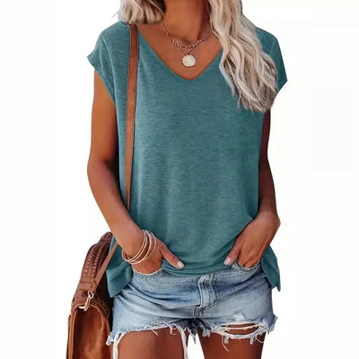 Women's Fashion Casual Solid Color V-neck Short Sleeve Top - front view Lush