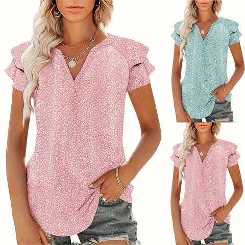 Women's V-neck Pleated Short Sleeves T-shirt - Front View