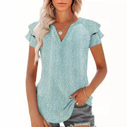 Women's V-neck Pleated Short Sleeves T-shirt Looty Lush