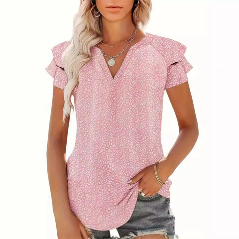 Women's V-neck Pleated Short Sleeves T-shirt Looty Lush