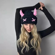 Wool Hat Cute Little Devil Mask Horn Hood Thickened Warm Knitted Hat Sweet Cool Style Autumn And Winter Looty Lush