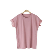 Women's Mesh Ruffle Sleeve Round Neck Solid Color T-shirt