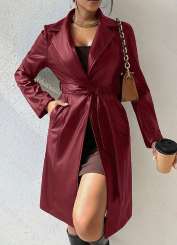 PU Long Sleeve Women's Slim Fit Long Trench Coat Looty Lush