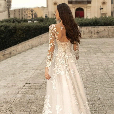 Long Sleeve Wedding Dress Mori Style Bridal Simple Round Neck Looty Lush