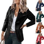 Elegant Slim-fit Lapel Single Breasted Solid Color PU Leather Long-sleeved Top Looty Lush