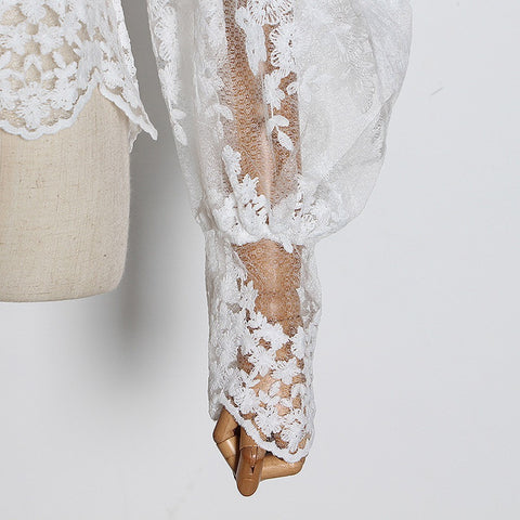 Mesh Hollow Bubble Sleeve Lace Shirt