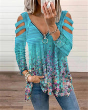 Looty Lush V-neck Small Floral Zipper Long-sleeved Loose T-shirt Top