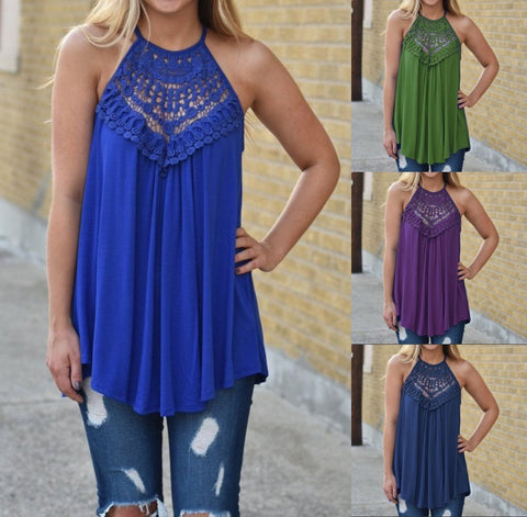 Looty Lush Lace Stitching Sleeveless Round Neck T-shirt Casual Top