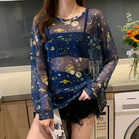 Korean Style New Loose Design Thin Mesh Top