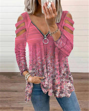 Looty Lush V-neck Small Floral Zipper Long-sleeved Loose T-shirt Top