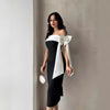 Women's Off-shoulder Bow Black And White Color Matching Elegant Cocktail Dress Looty Lush