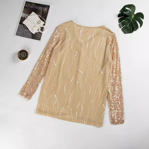 Milk Silk V-neck Sequins Long Sleeve Pullover Top Women