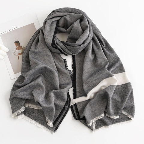 Herringbone Pattern Monochrome Artificial Cashmere Scarf Women's Simple Casual Style Tassel Warm Shawl Looty Lush