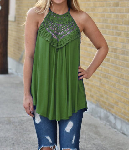 Looty Lush Lace Stitching Sleeveless Round Neck T-shirt Casual Top