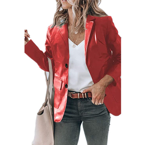 Elegant Slim-fit Lapel Single Breasted Solid Color PU Leather Long-sleeved Top Looty Lush