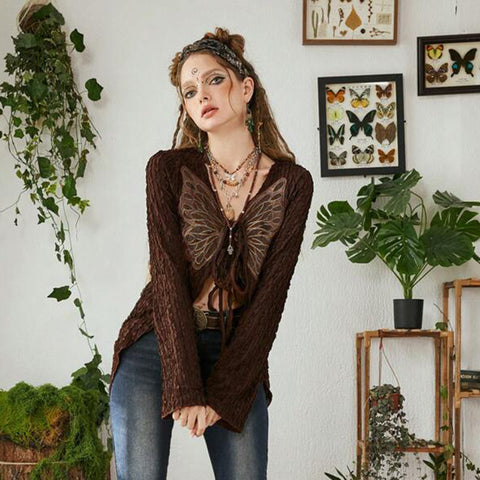 Pure Desire Fairy Style Design Butterfly Embroidery Tie-neck Cardigan Thin Blouse T-shirt Niche Top