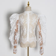 Mesh Hollow Bubble Sleeve Lace Shirt