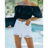 Women's High Waist White Hole Raw Edge Denim Shorts Looty Lush