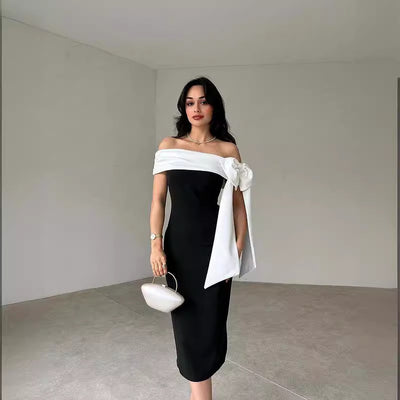 Women's Off-shoulder Bow Black And White Color Matching Elegant Cocktail Dress Looty Lush