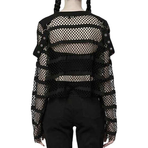 Dark Style Pure Black Mesh Long Sleeve Blouse