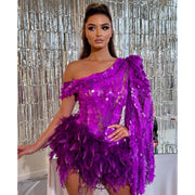 Purple Sequined Feather Skirt One-shoulder Sleeve Short Dress Luxury Party Stage Performance Dress Looty Lush