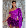 Purple Sequined Feather Skirt One-shoulder Sleeve Short Dress Luxury Party Stage Performance Dress Looty Lush