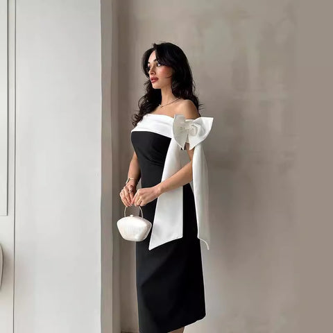 Women's Off-shoulder Bow Black And White Color Matching Elegant Cocktail Dress Looty Lush