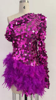 Purple Sequined Feather Skirt One-shoulder Sleeve Short Dress Luxury Party Stage Performance Dress Looty Lush