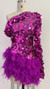 Purple Sequined Feather Skirt One-shoulder Sleeve Short Dress Luxury Party Stage Performance Dress Looty Lush