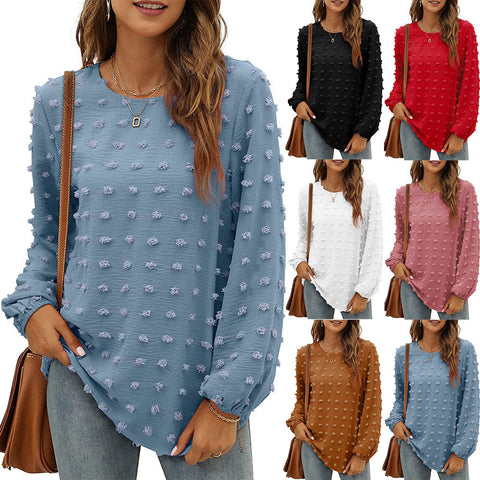 Looty Lush Loose Jacquard Long Sleeve Crew Neck T-shirt Top