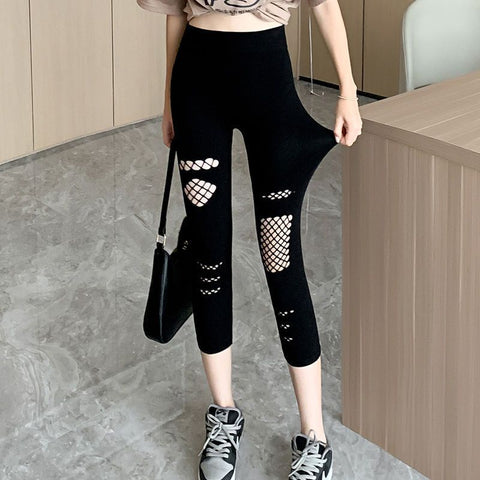 Summer Thin Women's Ripped Mesh Cropped Pants Looty Lush