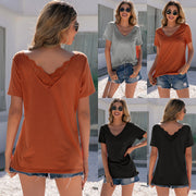 Looty Lush Casual Lace Panel V-Neck Short Sleeve T Shirt