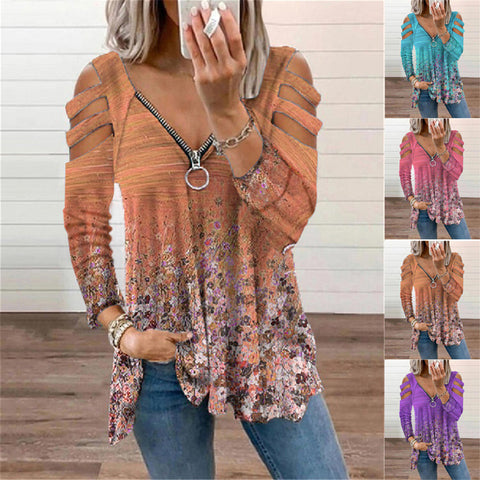 Looty Lush V-neck Small Floral Zipper Long-sleeved Loose T-shirt Top