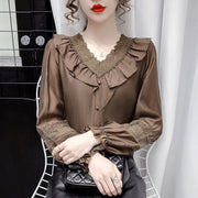 Lace Stitching V-neck Bottoming Blouse Western Style All-match Shirt Shirt Women