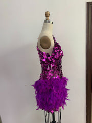 Purple Sequined Feather Skirt One-shoulder Sleeve Short Dress Luxury Party Stage Performance Dress Looty Lush