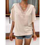 Looty Lush Women's Lace Solid V-Neck Versatile Solid T-Shirt