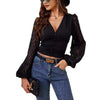 Women's Chiffon Lantern Sleeve V-neck Top - Elegant Long-sleeved T-shirt