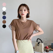 Women's Mesh Ruffle Sleeve Round Neck Solid Color T-shirt