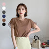 Women's Mesh Ruffle Sleeve Round Neck Solid Color T-shirt